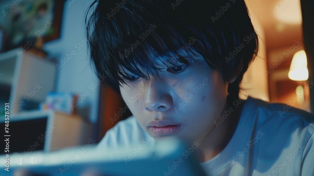 Poster a young man looking at a tablet computer, suitable for technology concepts