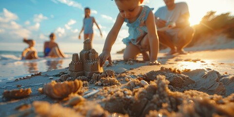 A child's hand building a sandcastle. Family beach vacation - obrazy, fototapety, plakaty