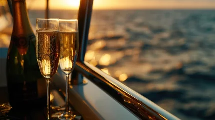 Foto op Plexiglas A bottle of champagne and two glasses of wine on a boat. Perfect for romantic occasions © Fotograf