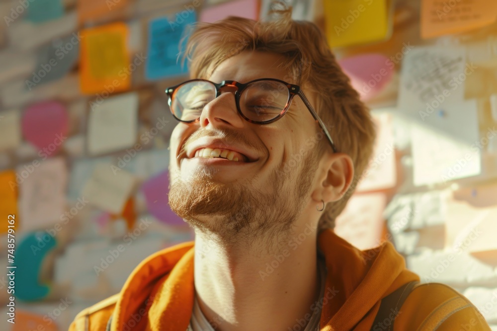 Poster A man with glasses smiling in front of a wall of colorful post it notes. Ideal for business and creativity concepts