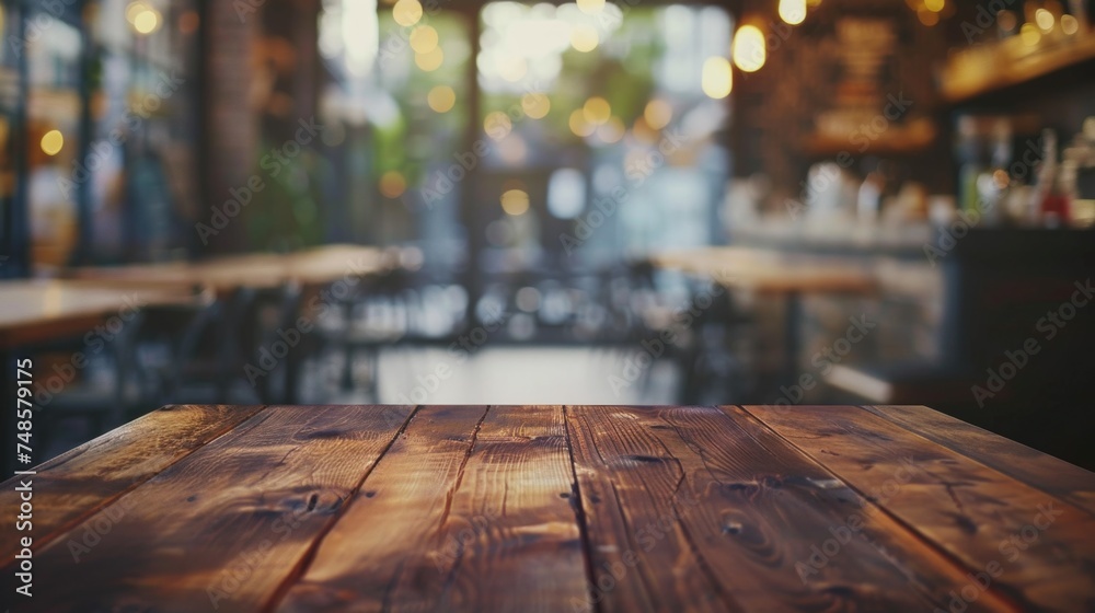 Poster a wooden table with a blurred background, suitable for various design projects