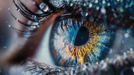 Close up of a person's eye with water droplets, suitable for medical or beauty concepts