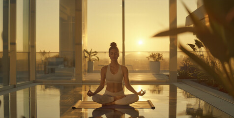 A woman sits in a yoga position in front of a window, stretching and meditating in a serene setting