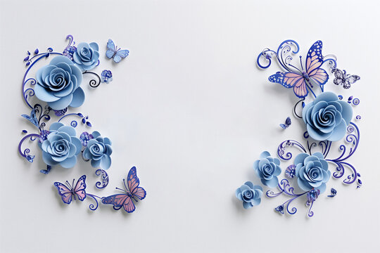 3d letter "Happy Women's Day" blue and purple,rose flowers and butterflies on white background