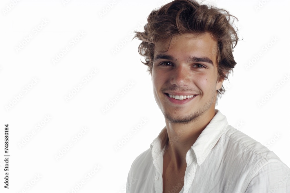 Poster a man in a white shirt smiling for a picture, suitable for various concepts