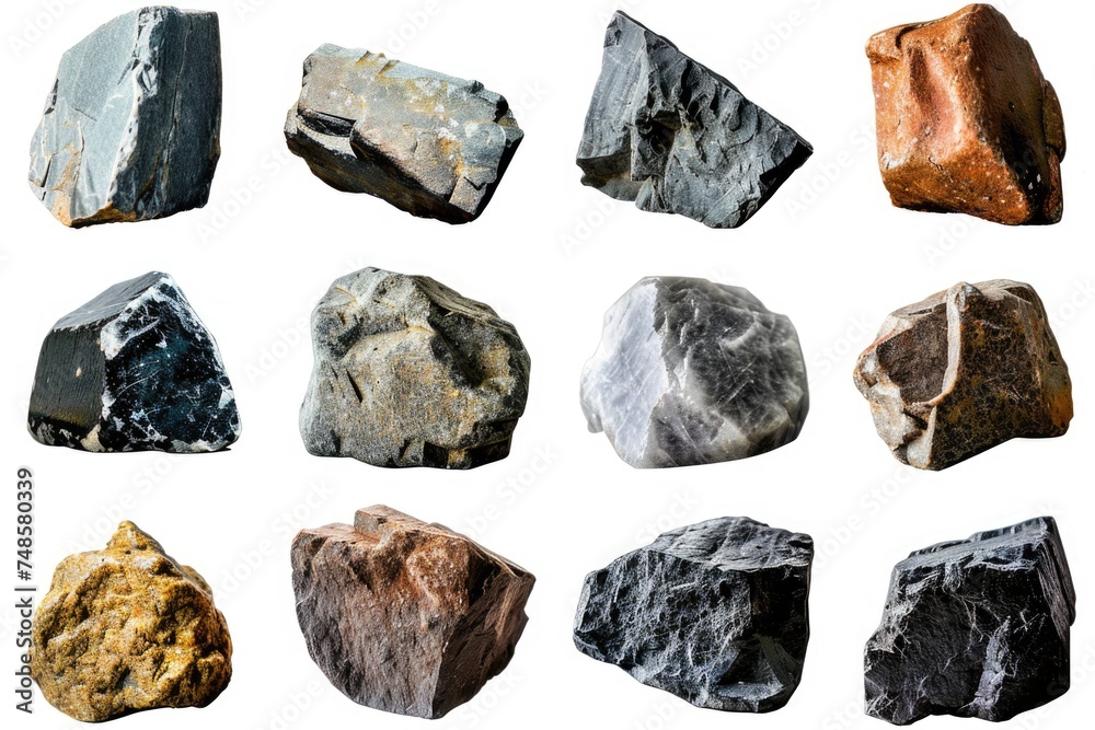 Poster various rocks displayed on a plain white surface. suitable for educational materials or geology-rela