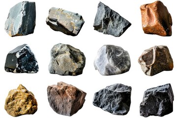 Various rocks displayed on a plain white surface. Suitable for educational materials or geology-related projects