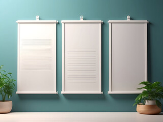 Blank A4 posters hanging list with shadows design. Hanging white paper on binders design. A4 paper page mockup sheet - stock vector