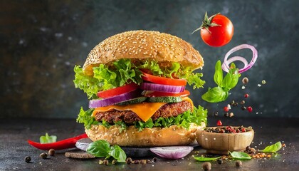 Veggie burger with side dishes advertising shot