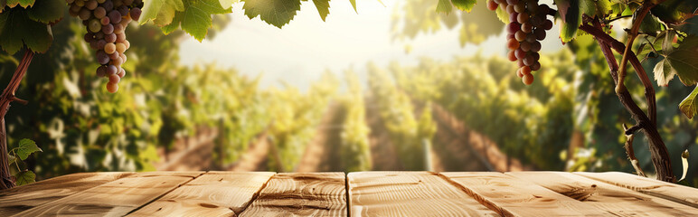 Empty wood table with free space over grapes trees, grapes field background. For product display montage