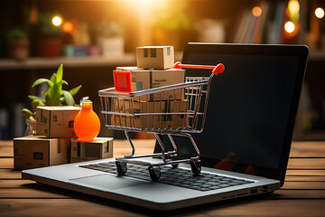 Shopping carts and small boxes containing goods are placed near laptops, online purchasing and delivery of goods..
