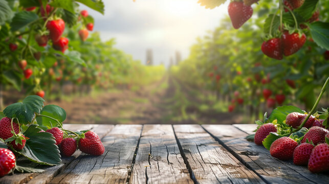 Empty wood table with free space over strawberry trees, strawberry field background. For product display montage