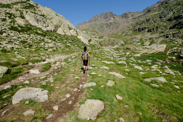 Fototapeta na wymiar hiker on Ibones azules and Bachimaña alto route, Huesca province, Spain