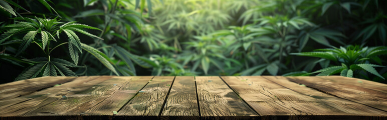 Empty wood table with free space over cannabis trees, cannabis field background. For product display montage - obrazy, fototapety, plakaty