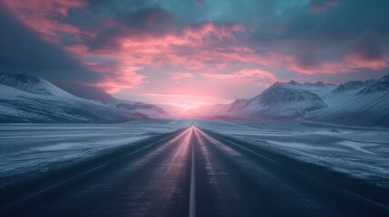 a long stretch of road in the middle of a mountain range with a sky filled with pink and blue clouds. - obrazy, fototapety, plakaty