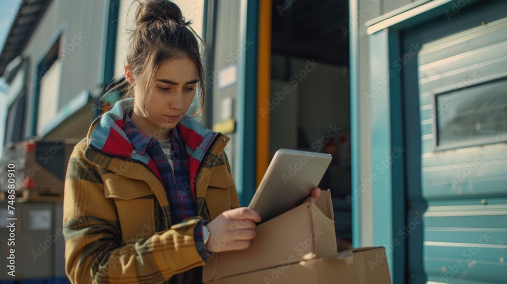 Poster a woman using a tablet computer, suitable for technology concepts