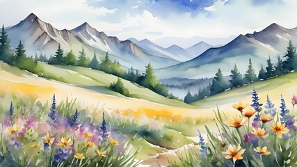 Watercolor painting of meadow with poppies and mountains at sunset. Digital watercolor painting. Printable wall art