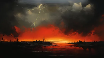 Papier Peint photo Brun Dramatic apocalyptic landscape painting featuring a dark stormy sky with a striking lightning bolt over a fiery horizon. Watercolor illustration background.