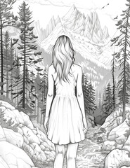 Illustration for coloring books. A young woman in a short dress walks through the forest, mountains are visible ahead. Antistress coloring book for children and adults
