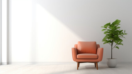 Modern minimalist interior with an armchair on empty white color wall background