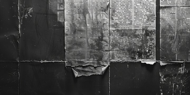 A black and white photo of a wall with newspaper. Suitable for editorial use