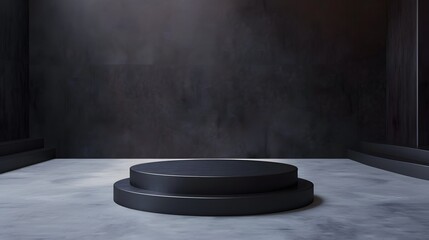 Black podium on the marble floor with dark wall background. 3d rendering.
