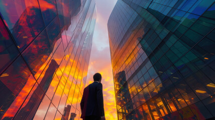 Fototapeta premium engineer, duble exposure with the sightly skyscraper, sunset colors