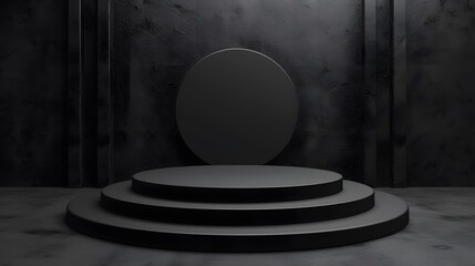 3D rendering of a black podium with a circular backdrop. The podium is made of three steps and has a glossy finish.
