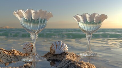 a couple of wine glasses sitting next to each other on top of a sandy beach next to a body of water. - obrazy, fototapety, plakaty