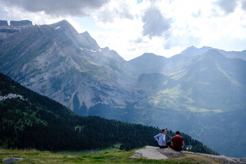 hikers enjoying the scenery, Espuguettes refuge, Pyrenees National Park, Hautes-Pyrenees, France