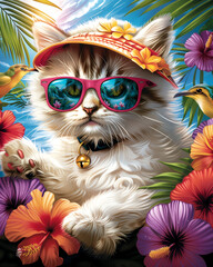 a bright painting of a cat surrounded by tropical plants and flowers. Cat in sunglasses. Illustration for posters, books, banners, appliques on T-shirts and clothes