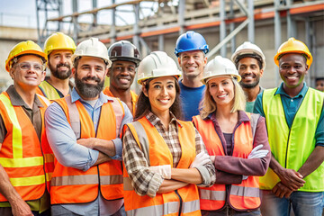 Group of male and female construction workers at the construction site