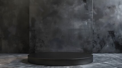 3D rendering of a dark and moody product display. The black podium stands on a textured concrete floor against a dark background wall.
