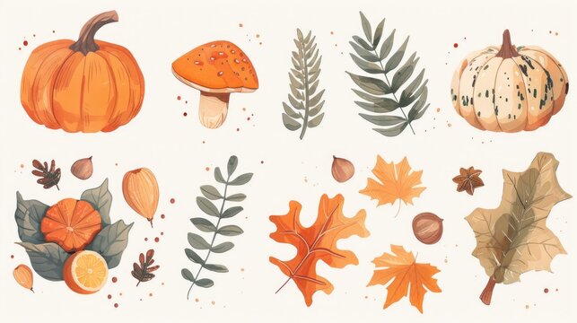 A beautiful collection of watercolor fall leaves and pumpkins. Perfect for autumn-themed projects