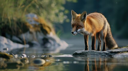 Fox standing on a rock in the water, suitable for nature and wildlife themes