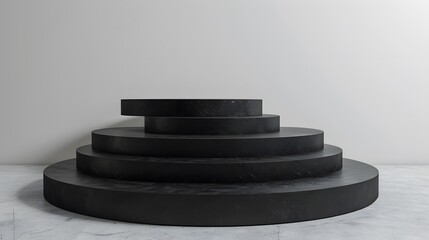 3D rendering of a black round stage or podium with four steps on a white background.