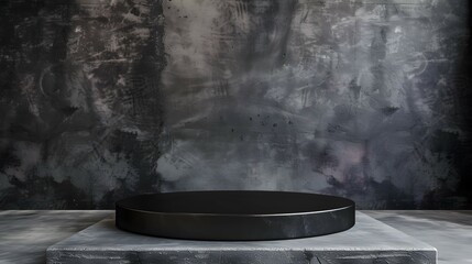 Black podium on a gray concrete floor against a dark textured wall background. 3d rendering.