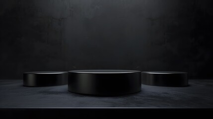3D rendering of a dark and moody product display. The three black cylinders are set against a dark background, with a spotlight shining down on them.
