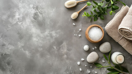 Close up top view of spa theme objects on grey background copy space