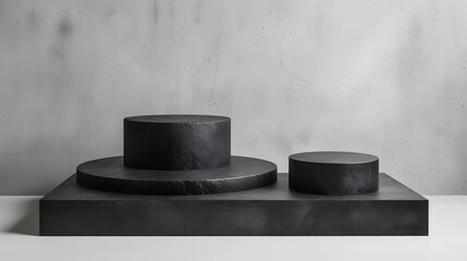 3D rendering of a black podium with a concrete background. The podium is made of two cylinders of different heights.
