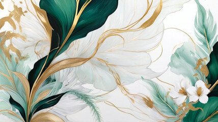 Abstract floral background with white, gold and green emerald colors