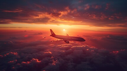 a airplane silhouette with beautiful sunset background