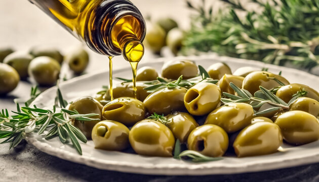 Elegante Versamento di Olio d'Oliva su un Piatto di Olive Verdi con Focaccia- Un'Esperienza Gustativa Mediterranea in un Banner Pubblicitario