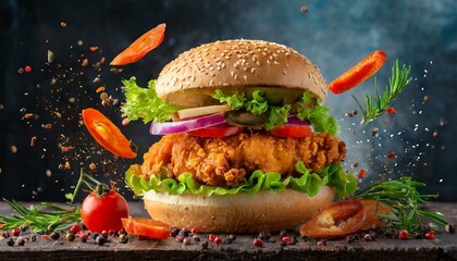 Chicken burger with side dishes advertising shot