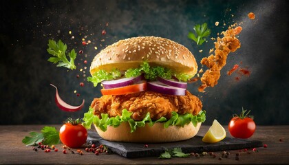 Chicken burger with side dishes advertising shot