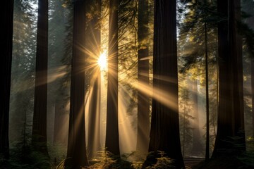 Enchanting Redwood forest sunrays. Bark natural. Generate Ai