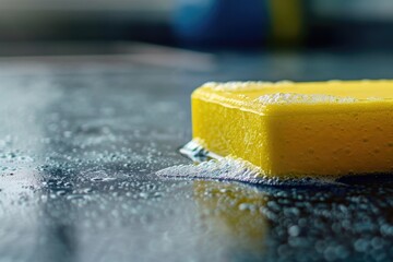 A yellow sponge sitting on a counter. Perfect for household cleaning advertisements