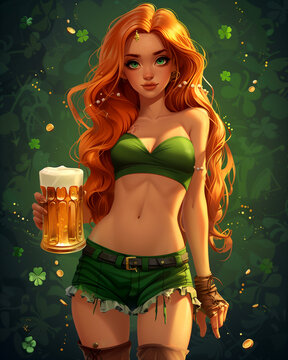 Beautiful young woman in green leprechaun costume drinking beer