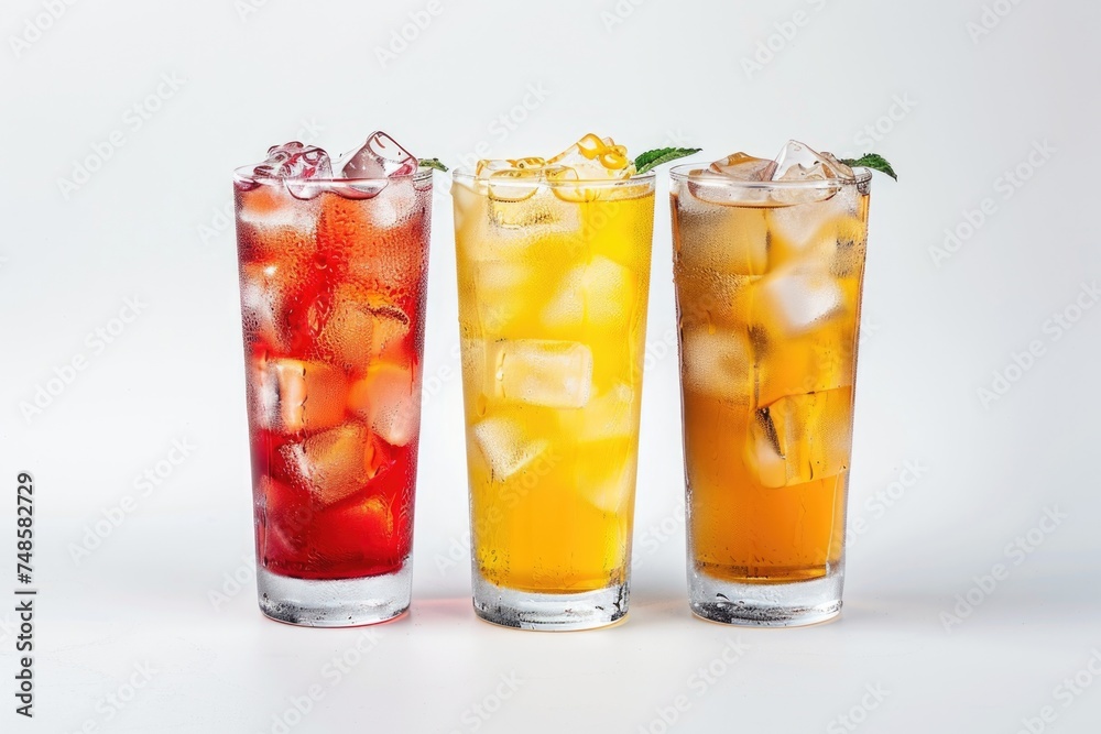 Poster row of three glasses with various beverages. ideal for food and drink concepts