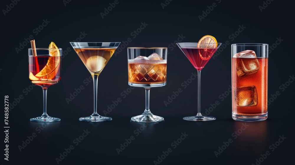Poster row of glasses filled with different types of drinks, suitable for beverage concept designs